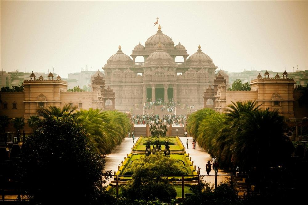 Carved sandstone domes of Akshardham Temple, Delhi
