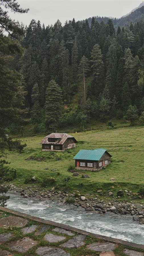 Houses on a mountainside in Pahalgam, Kashmir