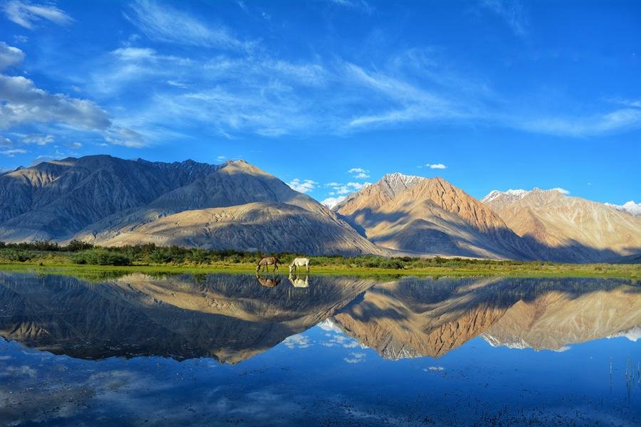 Mountains reflected in a still lake in Ladakh
